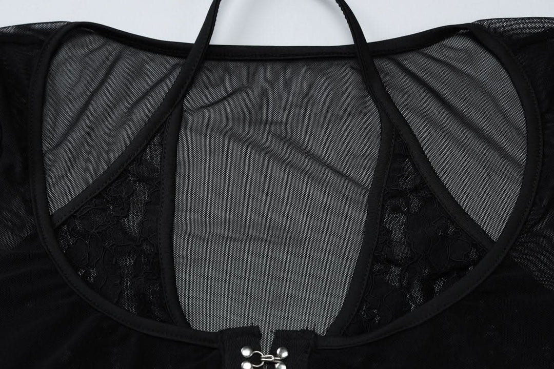 Halter long sleeve mesh lace hem button top  | Festival Outfits Women-final-sale