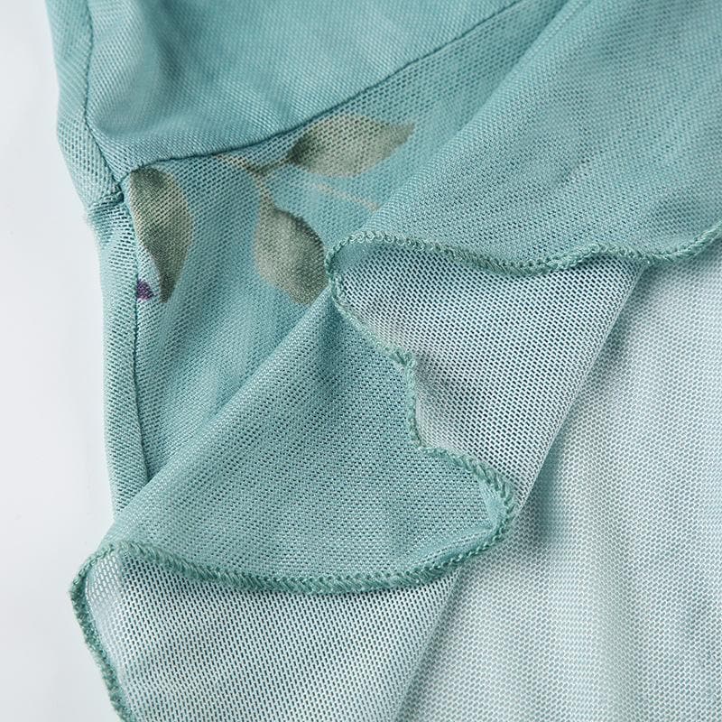 Ruched ruffle cowl neck  flower print mesh maxi skirt set-final-sale