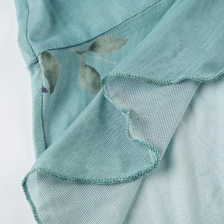 Ruched ruffle cowl neck  flower print mesh maxi skirt set-final-sale