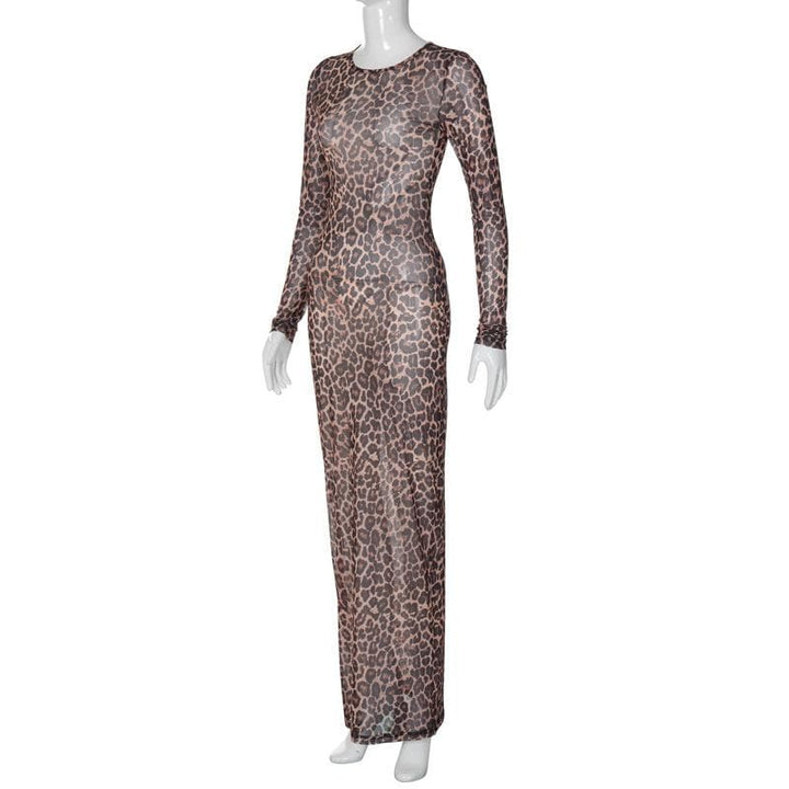 Long sleeve leopard print crewneck sheer mesh maxi dress  | Festival Outfits Women