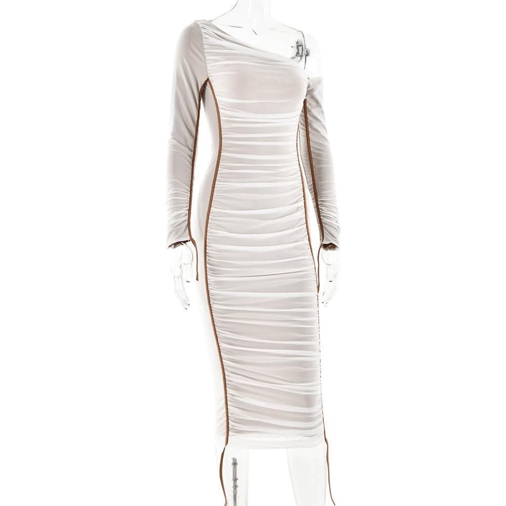 Long sleeve one shoulder ruched stitch mesh midi dress-final-sale  | Festival Outfits Women