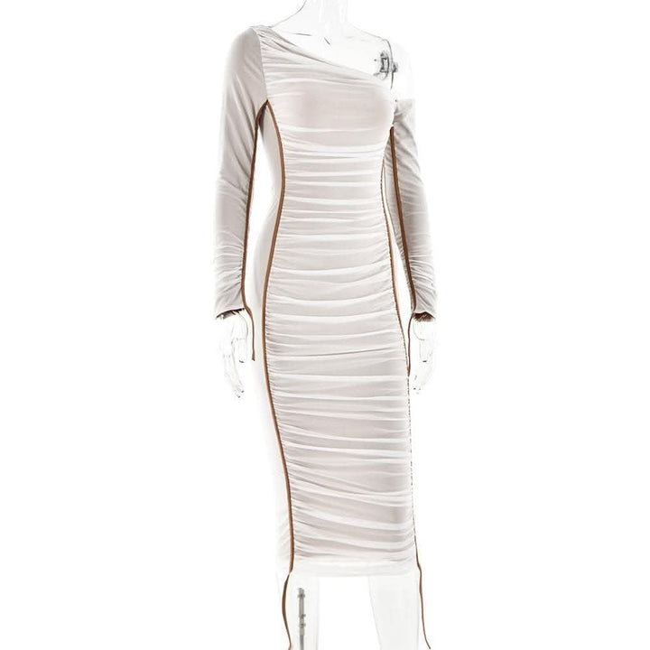 Long sleeve one shoulder ruched stitch mesh midi dress-final-sale  | Festival Outfits Women