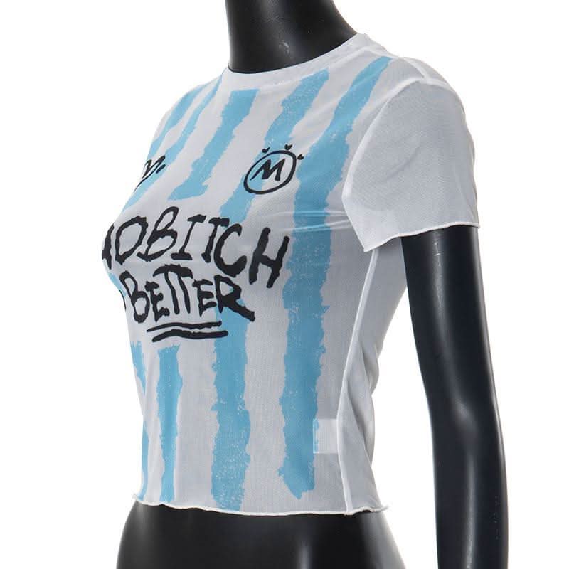 Short sleeve crewneck sheer mesh letter print crop top-final-sale