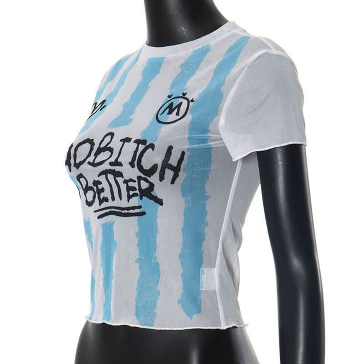 Short sleeve crewneck sheer mesh letter print crop top-final-sale
