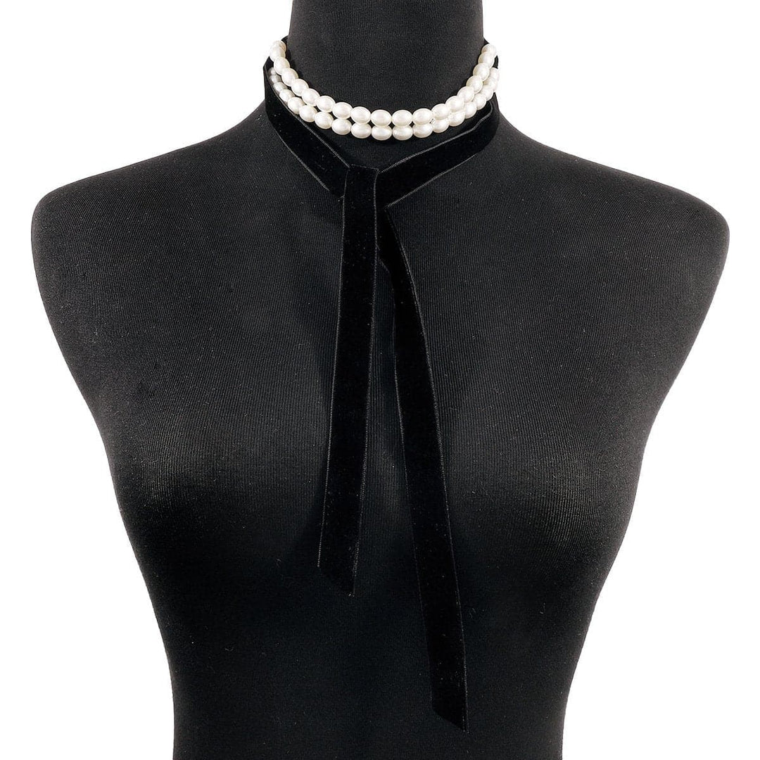 Faux pearl ribbon velvet layered choker necklace  | Festival Outfits Women