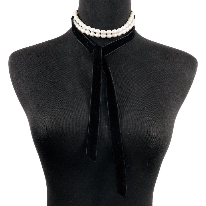 Faux pearl ribbon velvet layered choker necklace  | Festival Outfits Women