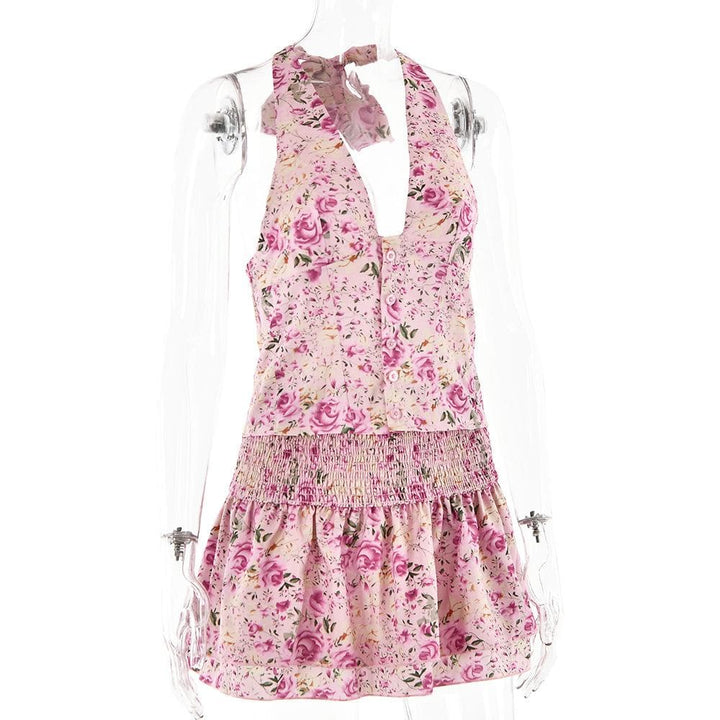 Halter smocked button flower print mini skirt set  | Festival Outfits Women