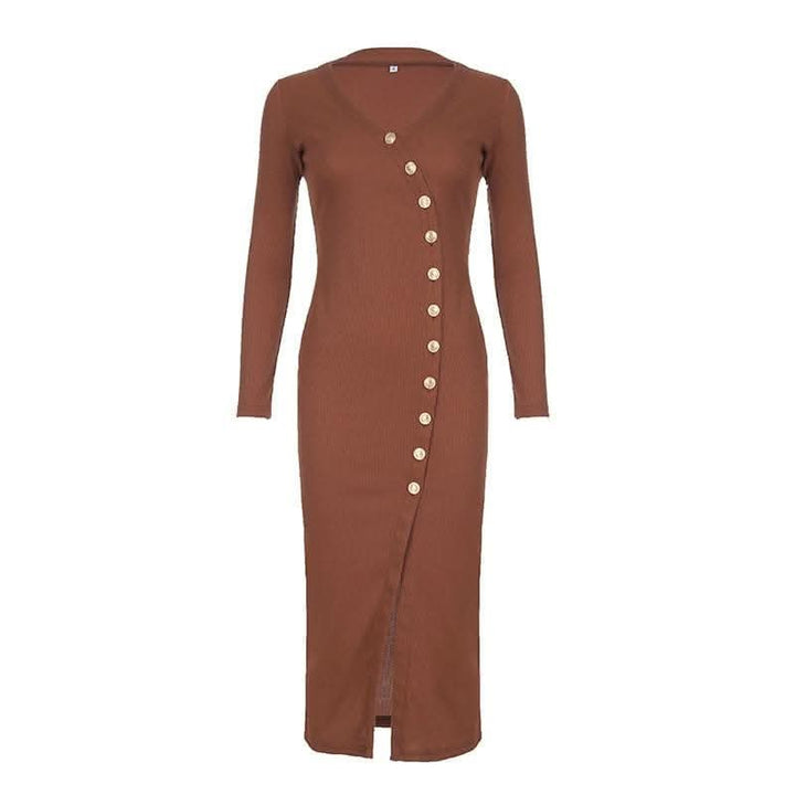 Long sleeve button high slit v neck irregular midi dress-final-sale  | Festival Outfits Women