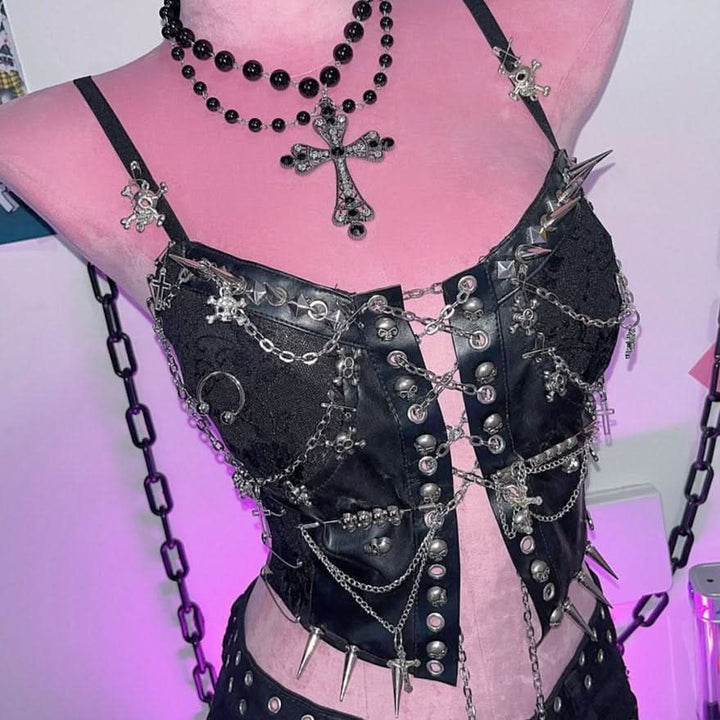 Metal chain rivet lace up PU leather cami top  | Festival Outfits Women-final-sale