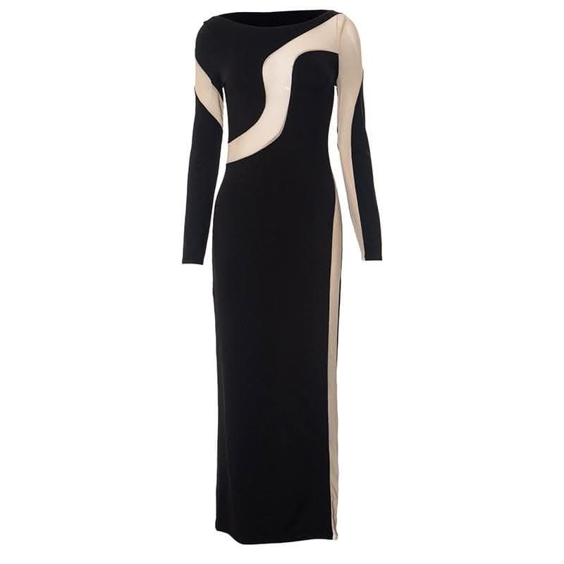 Mesh patchwork contrast irregular long sleeve maxi dress-final-sale  | Festival Outfits Women