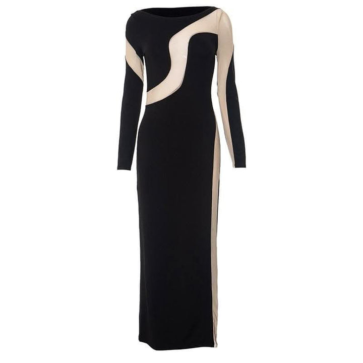 Mesh patchwork contrast irregular long sleeve maxi dress-final-sale  | Festival Outfits Women