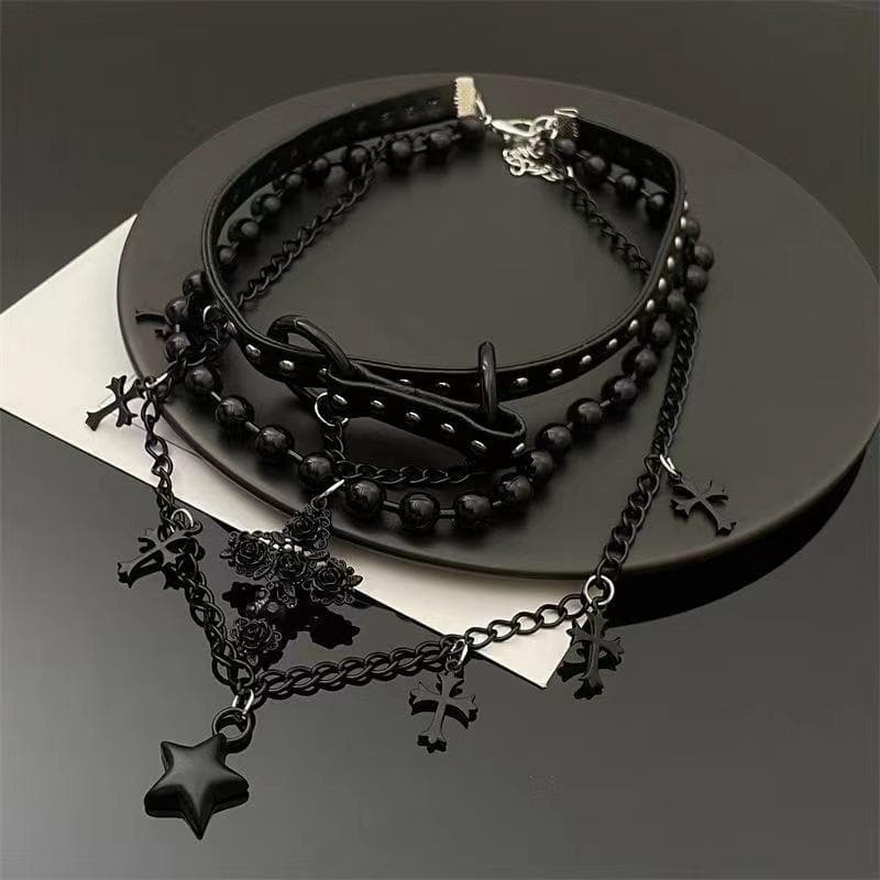 Cross star pendant beaded PU leather choker necklace  | Festival Outfits Women