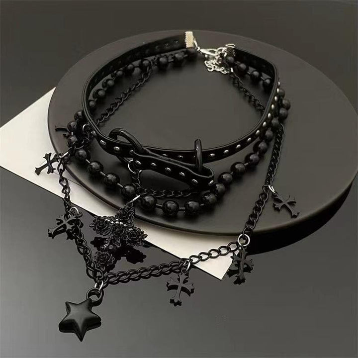 Cross star pendant beaded PU leather choker necklace  | Festival Outfits Women