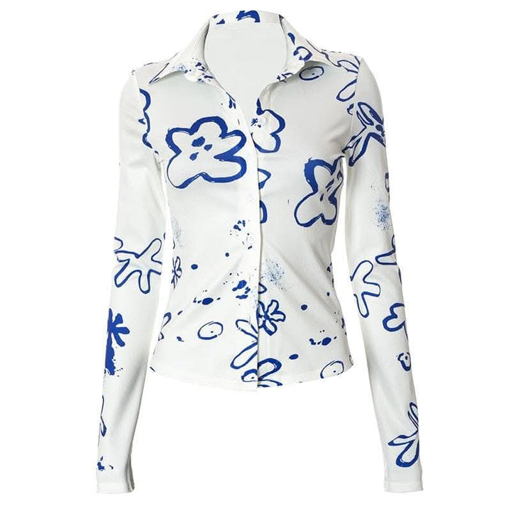Turnover collar button contrast print long sleeve top-final-sale  | Festival Outfits Women