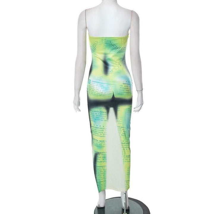 Letter print contrast slit backless sleeveless tube maxi dress-final-sale  | Festival Outfits Women