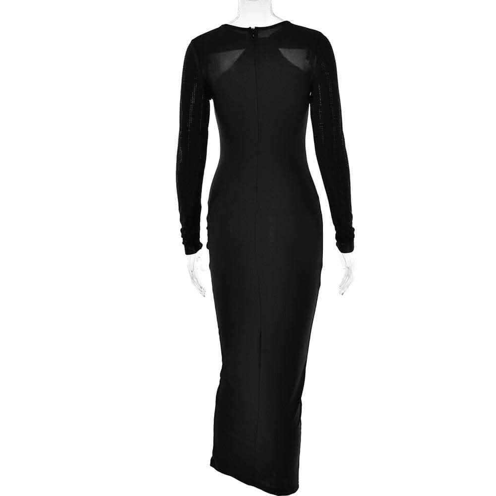 Long sleeve beaded zip-up hollow out patchwork cut out maxi dress-final-sale  | Festival Outfits Women