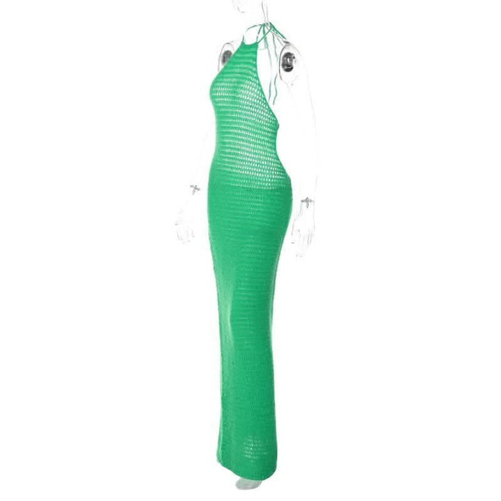 Crochet solid halter backless self tie maxi dress-final-sale  | Festival Outfits Women