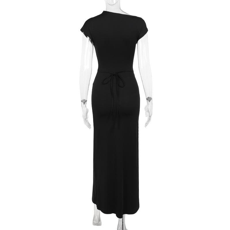 Short sleeve ruched self tie high slit maxi dress  | Festival Outfits Women