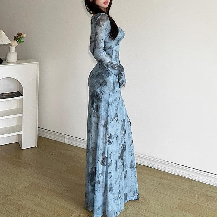 Long sleeve sheer mesh v neck print maxi dress  | Festival Outfits Women