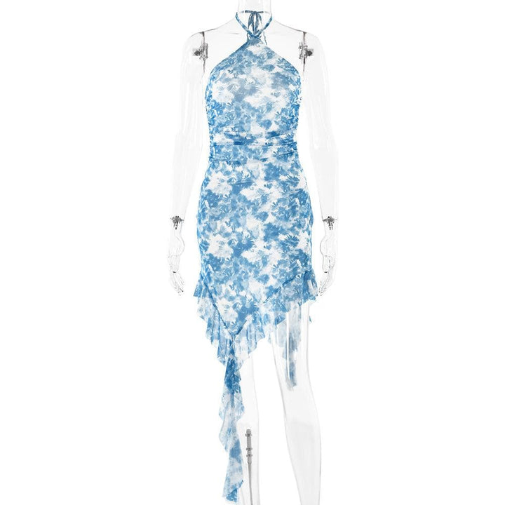 Halter ruffle tie dye irregular backless mini dress  | Festival Outfits Women