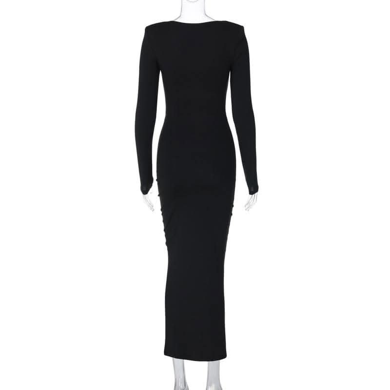 Long sleeve padded ruched flower applique hollow out cut out midi dress-final-sale  | Festival Outfits Women