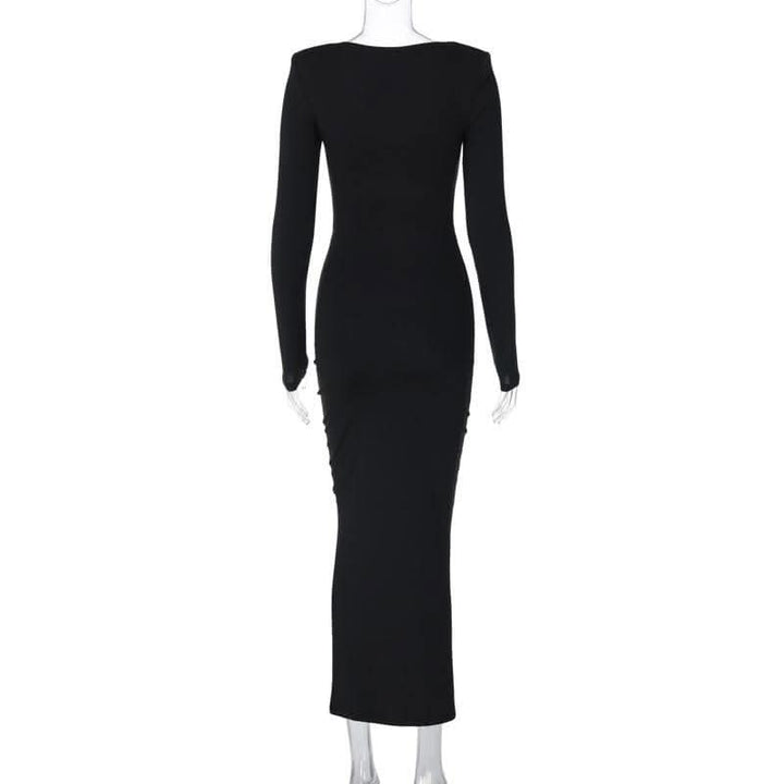 Long sleeve padded ruched flower applique hollow out cut out midi dress-final-sale  | Festival Outfits Women