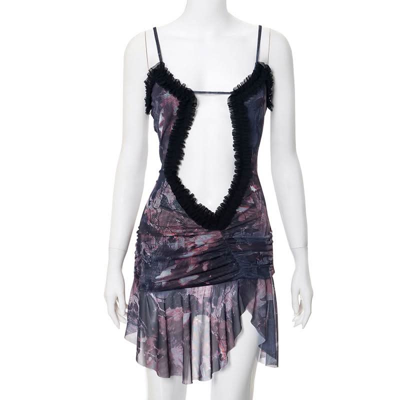 Double layered mesh ruffle hollow out cami cut out mini dress-final-sale