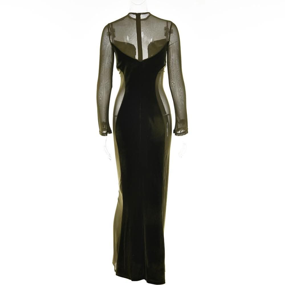 Long sleeve velvet mesh solid zip-up maxi dress-final-sale  | Festival Outfits Women