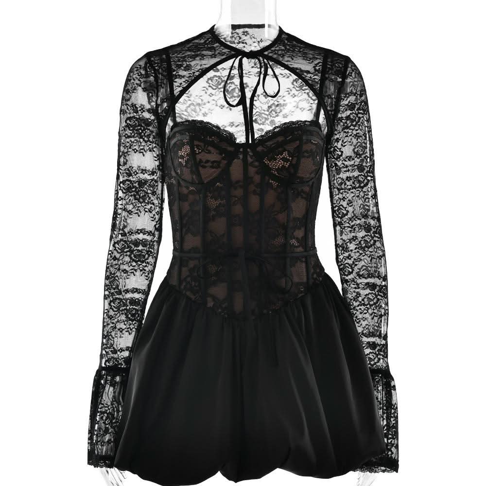 Sweetheart neck long sleeve lace shrug 2 piece mini dress  | Festival Outfits Women