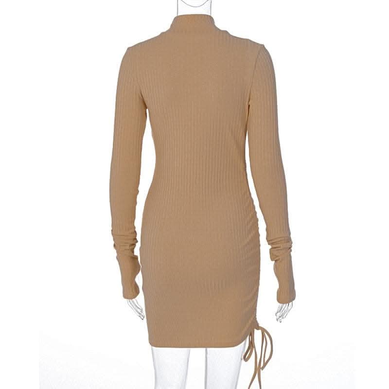 Long sleeve gloves solid drawstring high neck mini dress-final-sale  | Festival Outfits Women