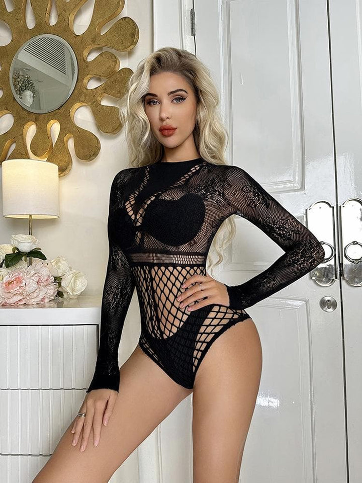 Long sleeve fishnet lace patchwork bodystocking  | Festival Outfits Women