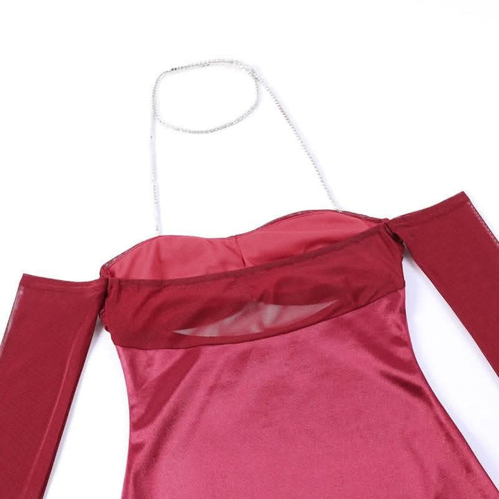 Mesh gloves solid halter ruched hollow out off shoulder cut out mini dress-final-sale  | Festival Outfits Women