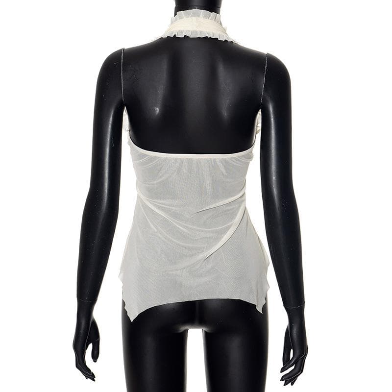 Halter lace hem ruffle butterfly embroidery mesh top  | Festival Outfits Women