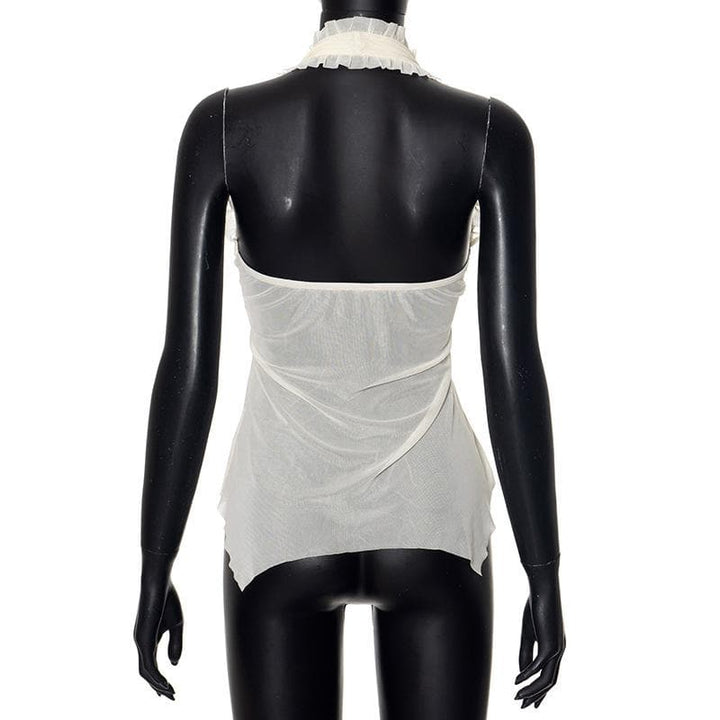 Halter lace hem ruffle butterfly embroidery mesh top  | Festival Outfits Women