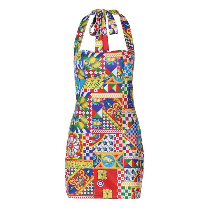 Halter print contrast knotted mini dress  | Festival Outfits Women