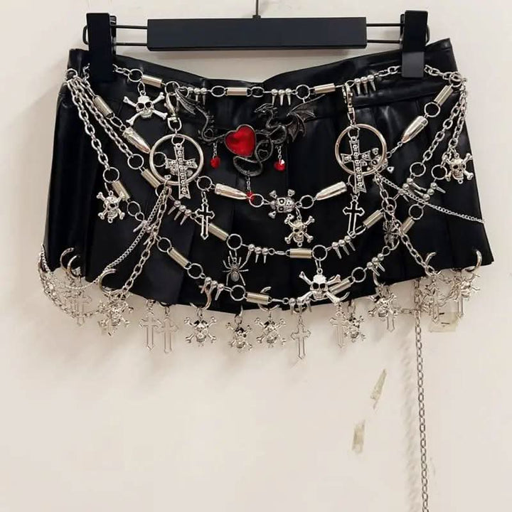 Pleated metal chain o ring black mini skirt  | Festival Outfits Women
