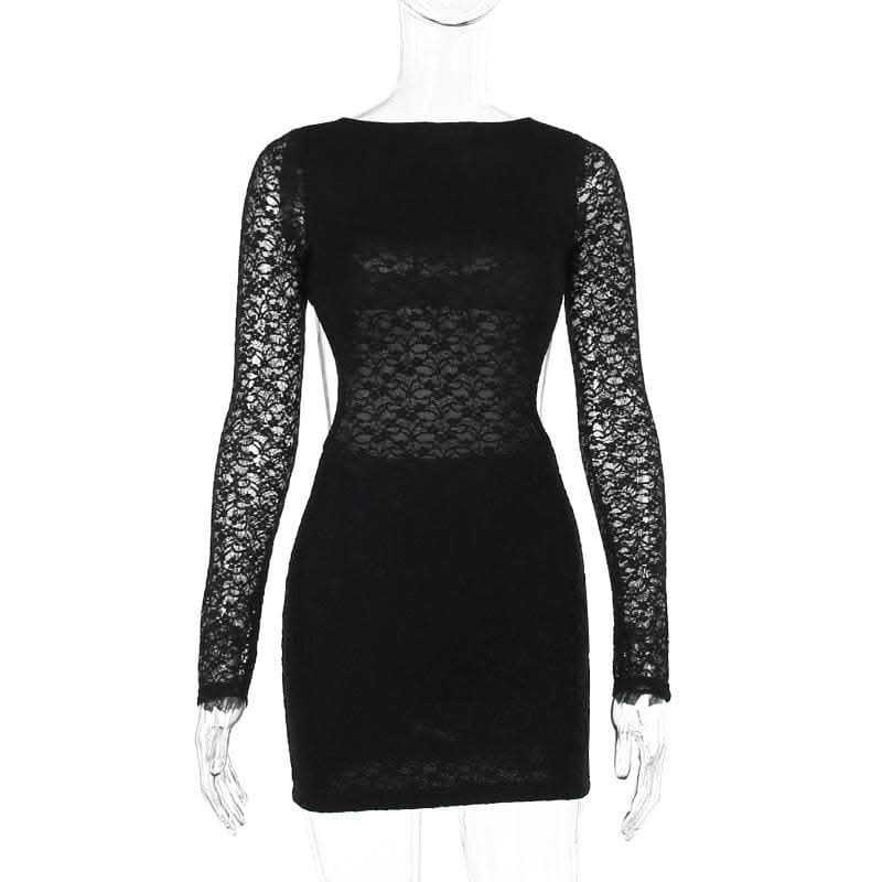 Lace solid long sleeve backless hollow out self tie cut out mini dress-final-sale  | Festival Outfits Women