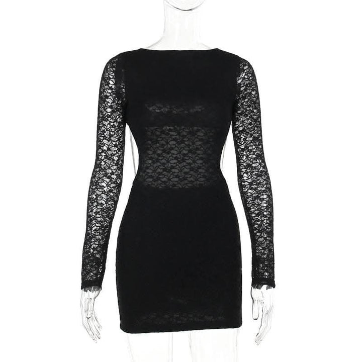 Lace solid long sleeve backless hollow out self tie cut out mini dress-final-sale  | Festival Outfits Women