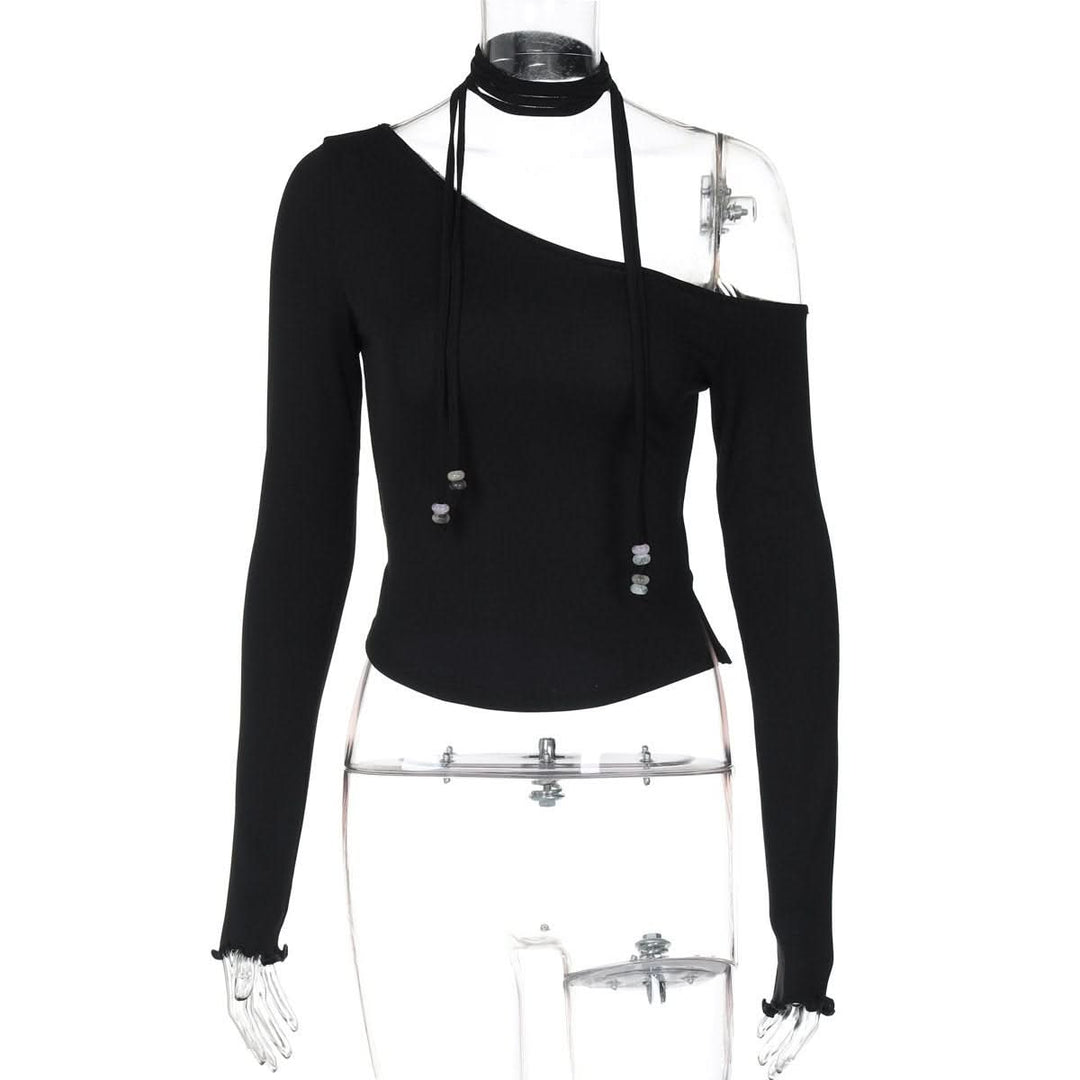 Halter one shoulder long sleeve beaded solid top  | Festival Outfits Women