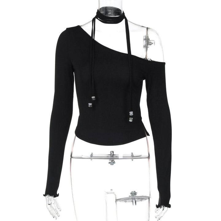 Halter one shoulder long sleeve beaded solid top  | Festival Outfits Women