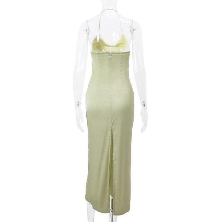 Flower applique zip-up halter ruched slit solid midi dress-final-sale  | Festival Outfits Women