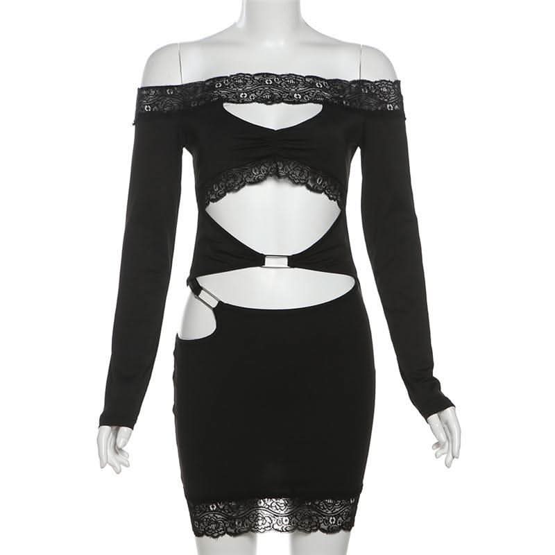 Long sleeve off shoulder lace hem hollow out cut out mini dress-final-sale  | Festival Outfits Women