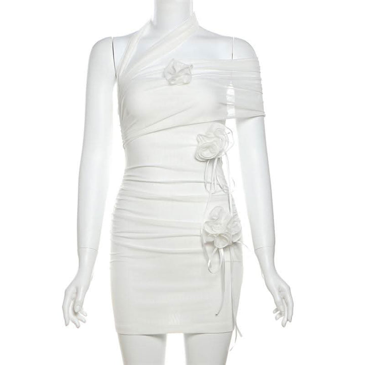 Halter flower applique mesh mini dress  | Festival Outfits Women