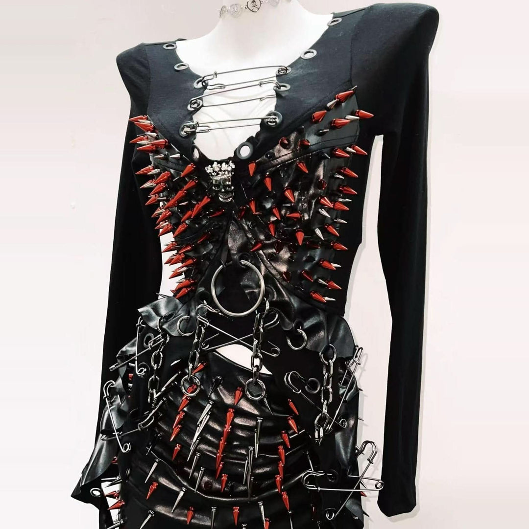 Long sleeve rivet metal chain PU leather top  | Festival Outfits Women