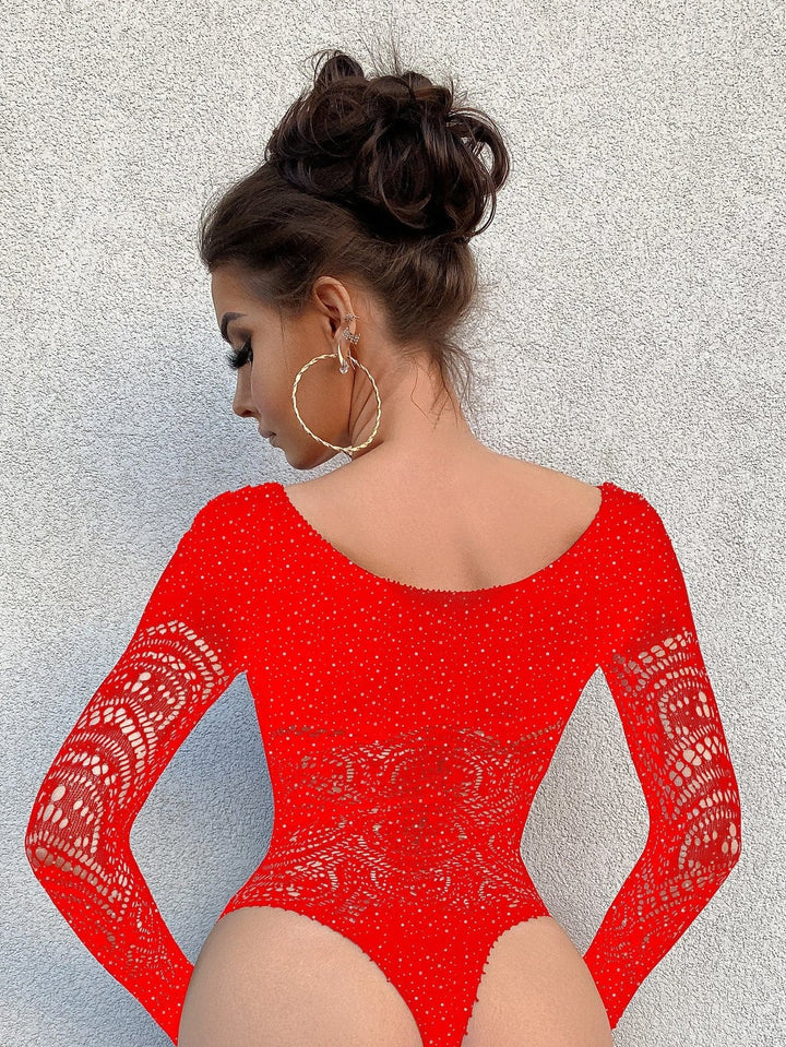 Long sleeve net rhinestone backless bodysuit  | Festival Outfits Women