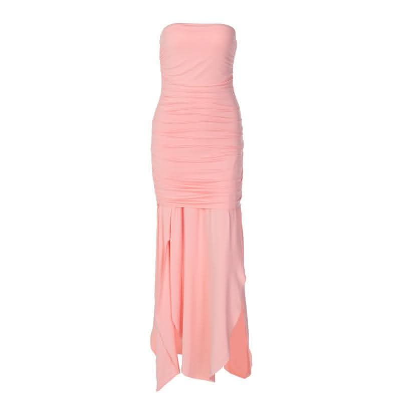 Ruched solid slit irregular backless tube maxi dress-final-sale  | Festival Outfits Women
