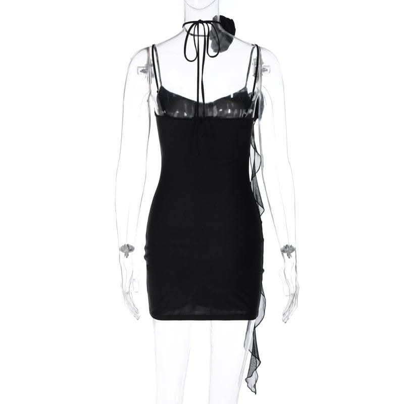 Flower applique solid backless v neck ribbon cami mini dress-final-sale  | Festival Outfits Women
