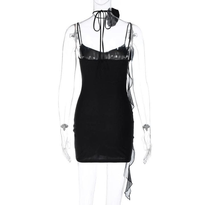 Flower applique solid backless v neck ribbon cami mini dress-final-sale  | Festival Outfits Women