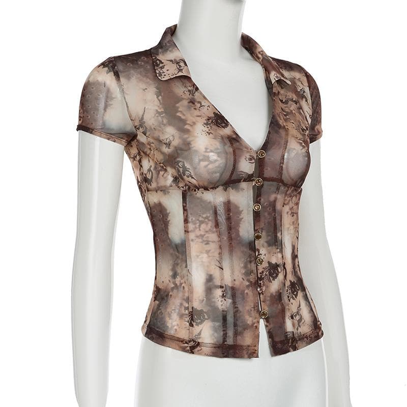 Short sleeve tie dye button sheer mesh top-final-sale