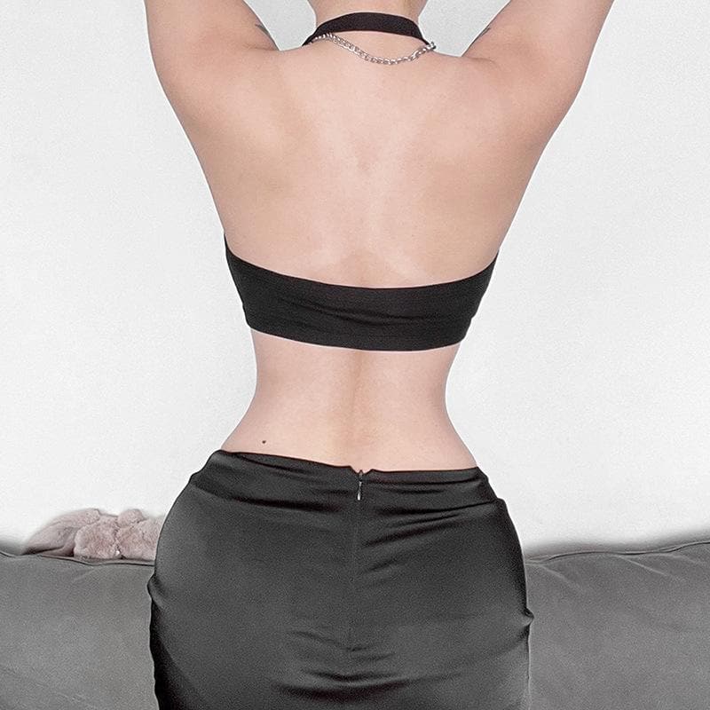 Halter hollow out buckle backless crop cut out top  | Festival Outfits Women